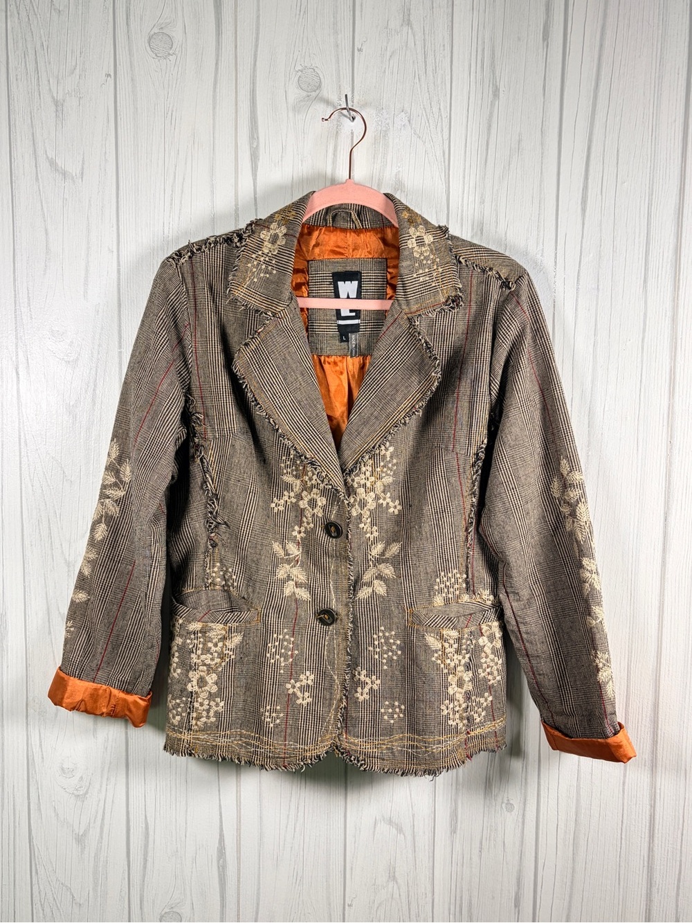WE Y2K Embroidered Plaid Blazer L Deconstructed Raw Edge Boho Cotton Jacket